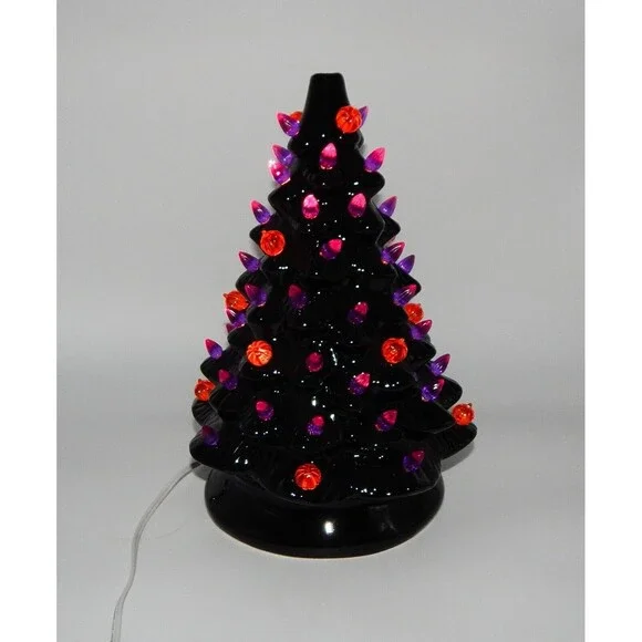 Halloween Tabletop Light Up Tree Ceramic 13 Inch Black Orange Purple